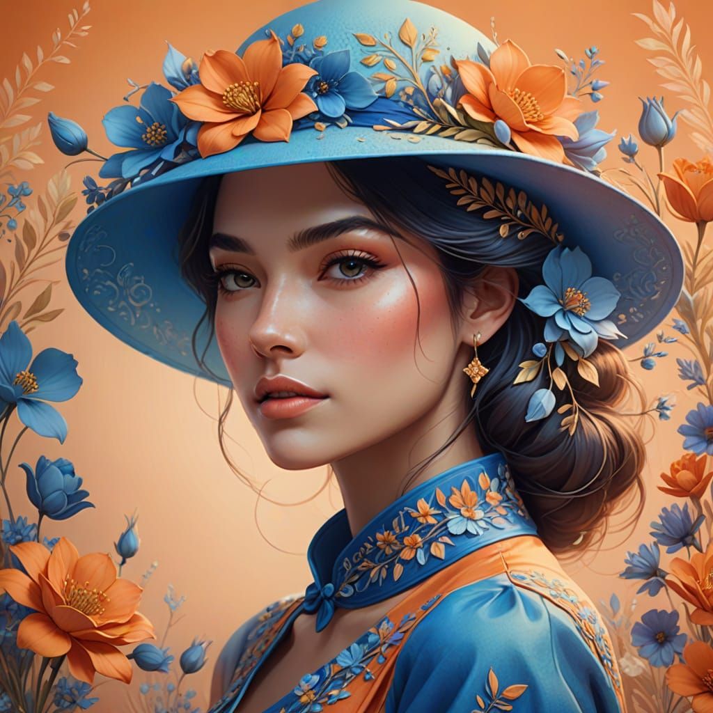 Floral Portrait: Young Woman in Blue Hat