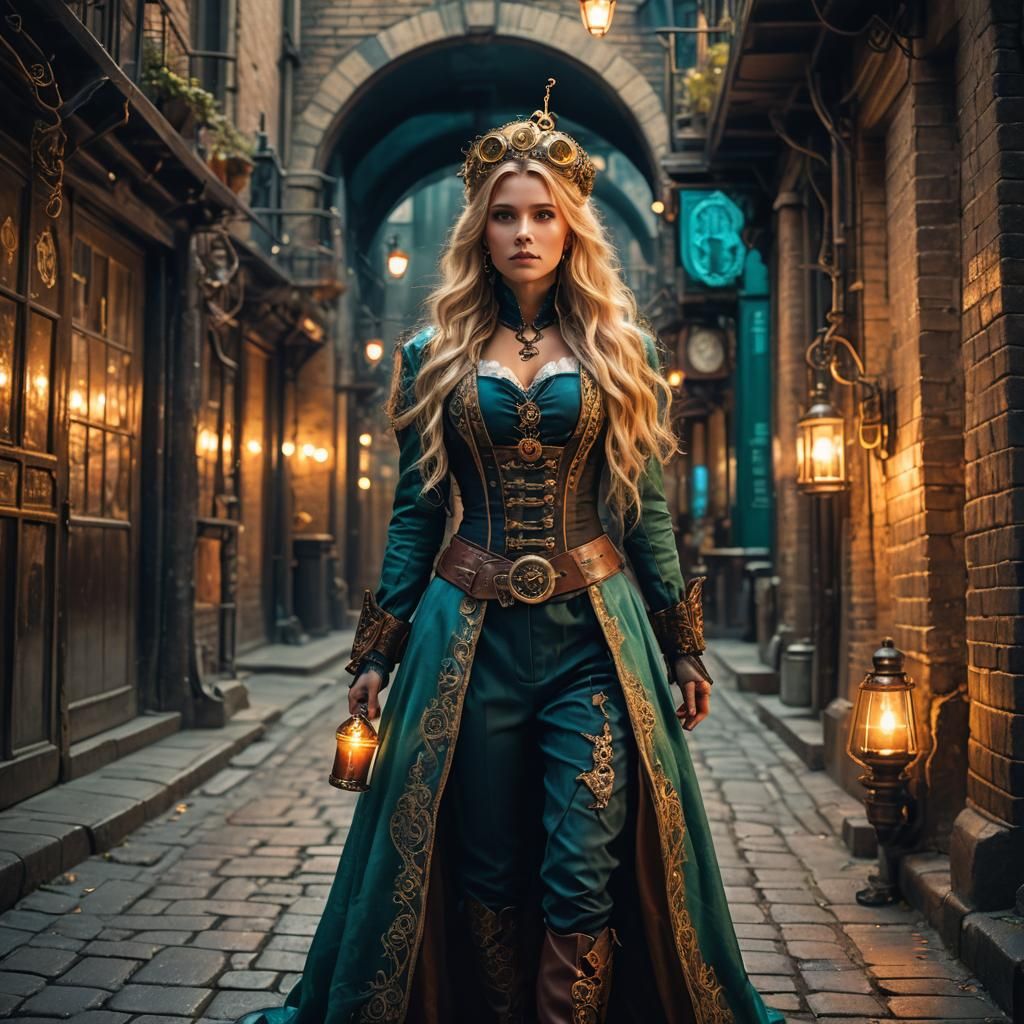 Steampunk Beauty in Mystical Alleyway, Fantasy Art