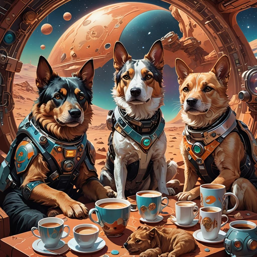 Dogs and Cats Coffee Break on Mars: Art Nouveau Digital Pain...