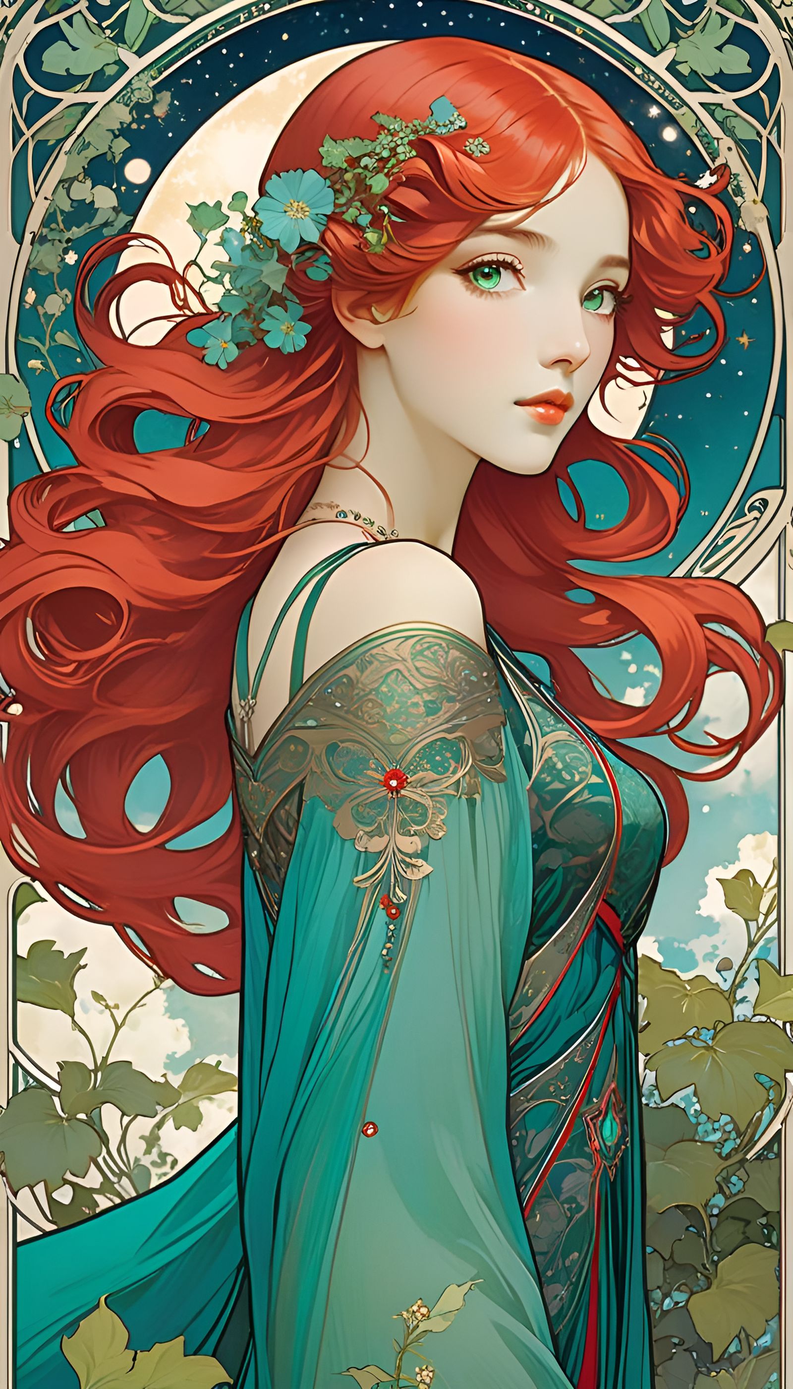 Anime Woman with Flowing Red Hair in Art Nouveau Style