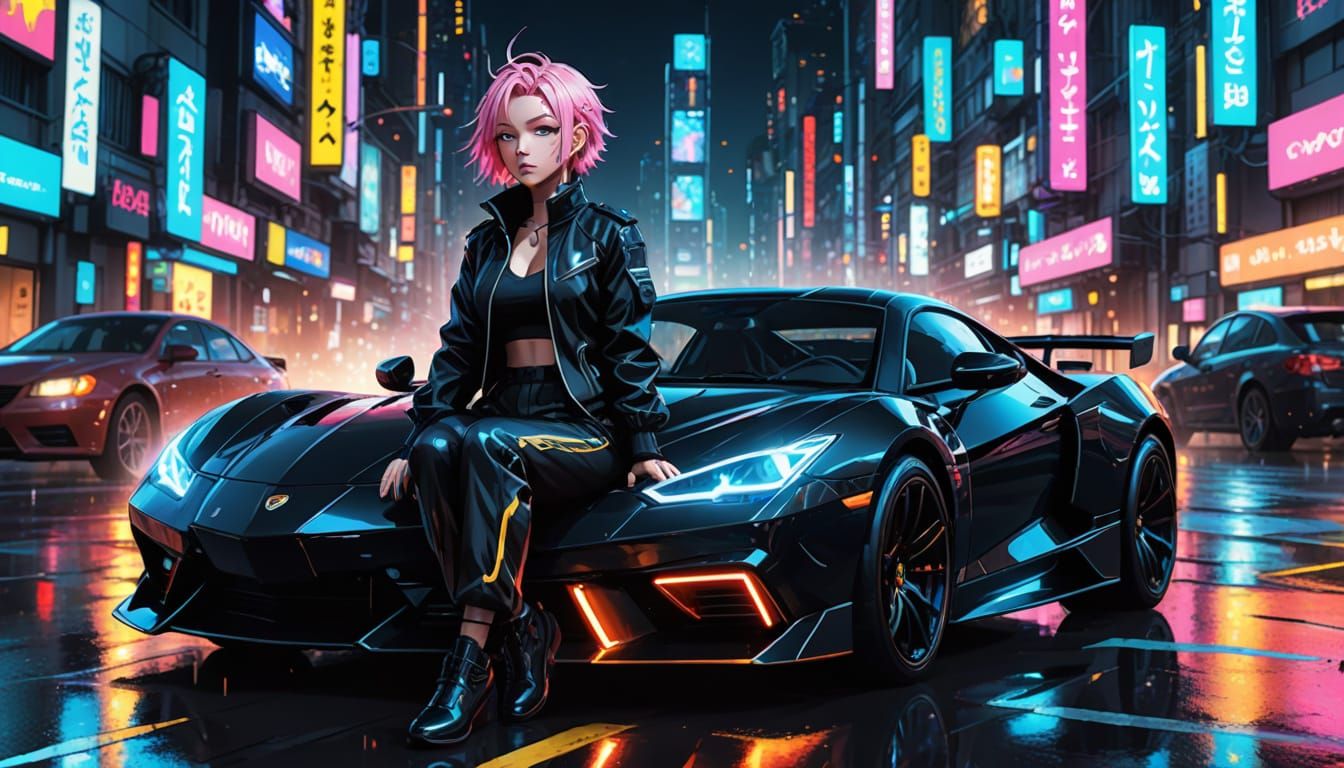 Cyberpunk Woman Speeds Through Neon Cityscape in Anime-Inspi...