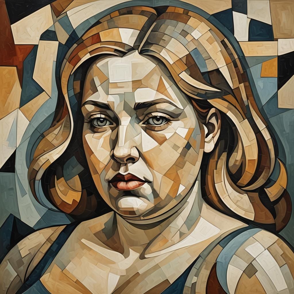 Real raw blonde woman, abstract cubism Euclidean
