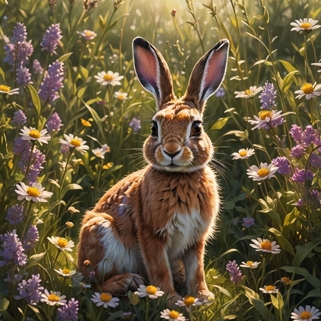 Adorable Baby Hare in Lush Meadow, Digital Art