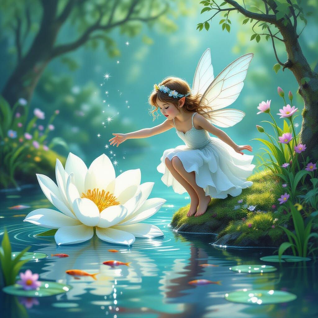 Blue Pixie in White Flower, Fantasy Art