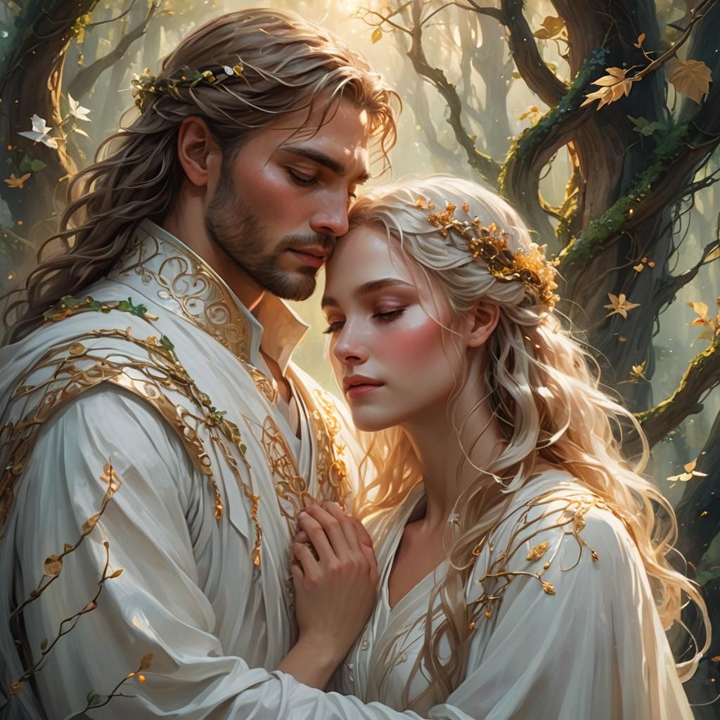 Lovers Embrace in Ethereal Forest: Digital Oil Painting