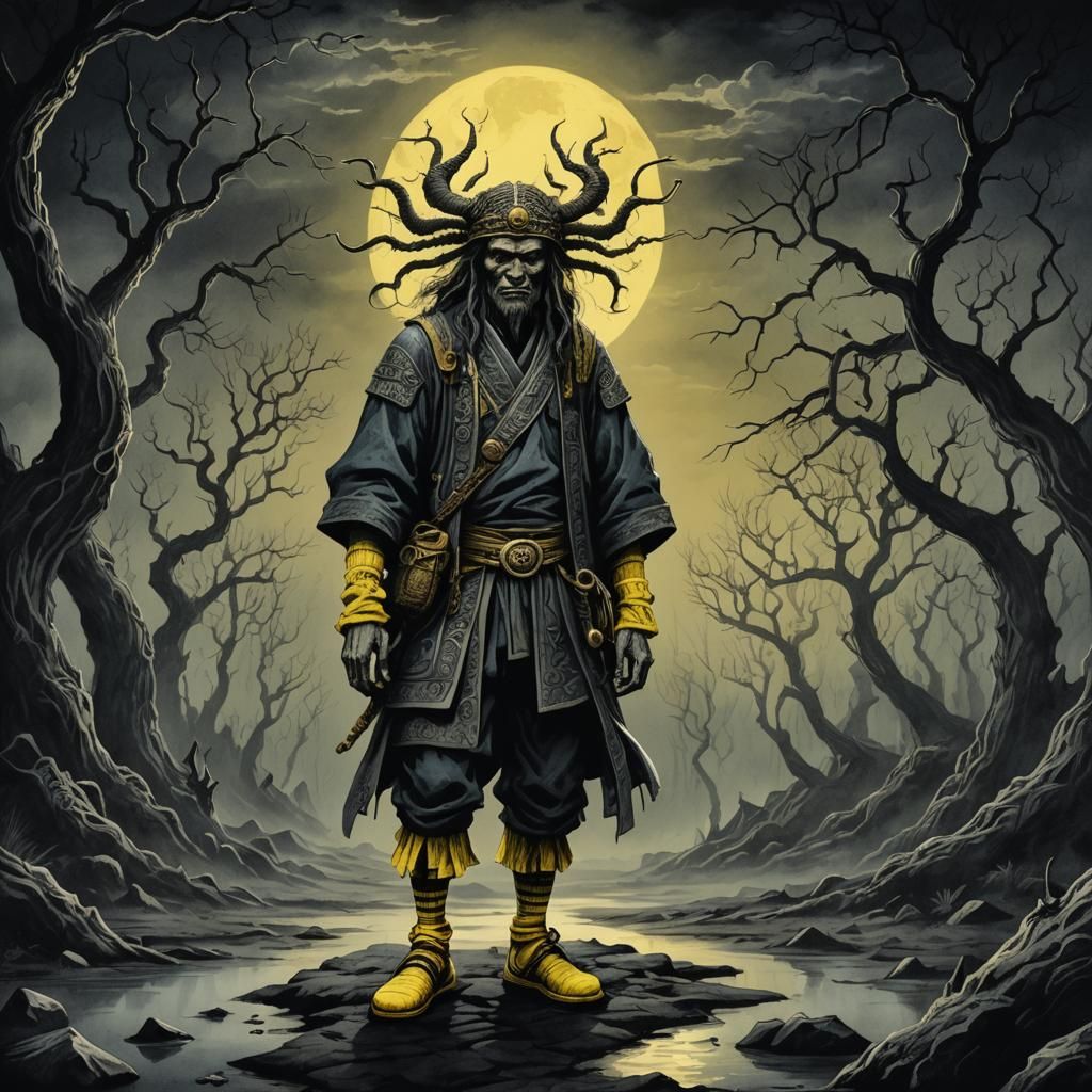 Mystical Mini Man in Dark Fantasy Landscape