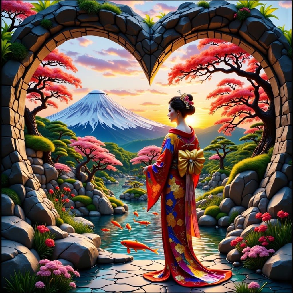 Geisha in Stained Glass Garden with Mount Fuji