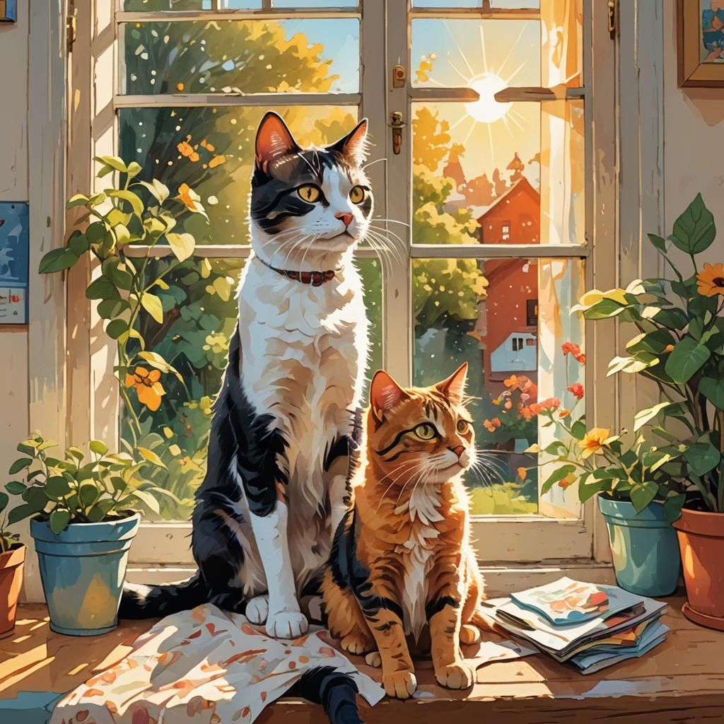 Whimsical Cat and Dog in Comic Book Art