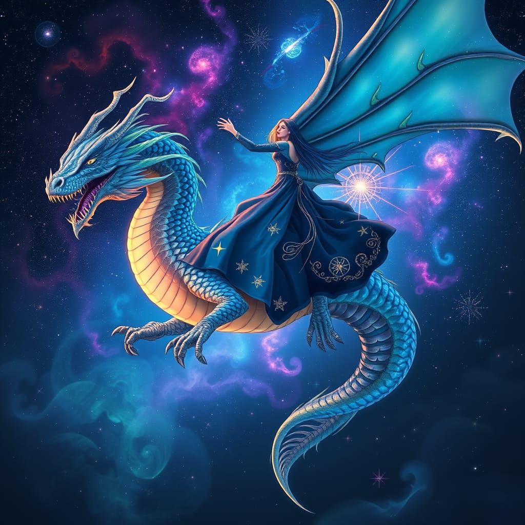 Bioluminescent Dragon Soaring Through Nebula in Art Nouveau ...