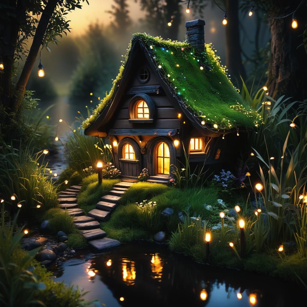 Magical Fairy House Scene with Fireflies