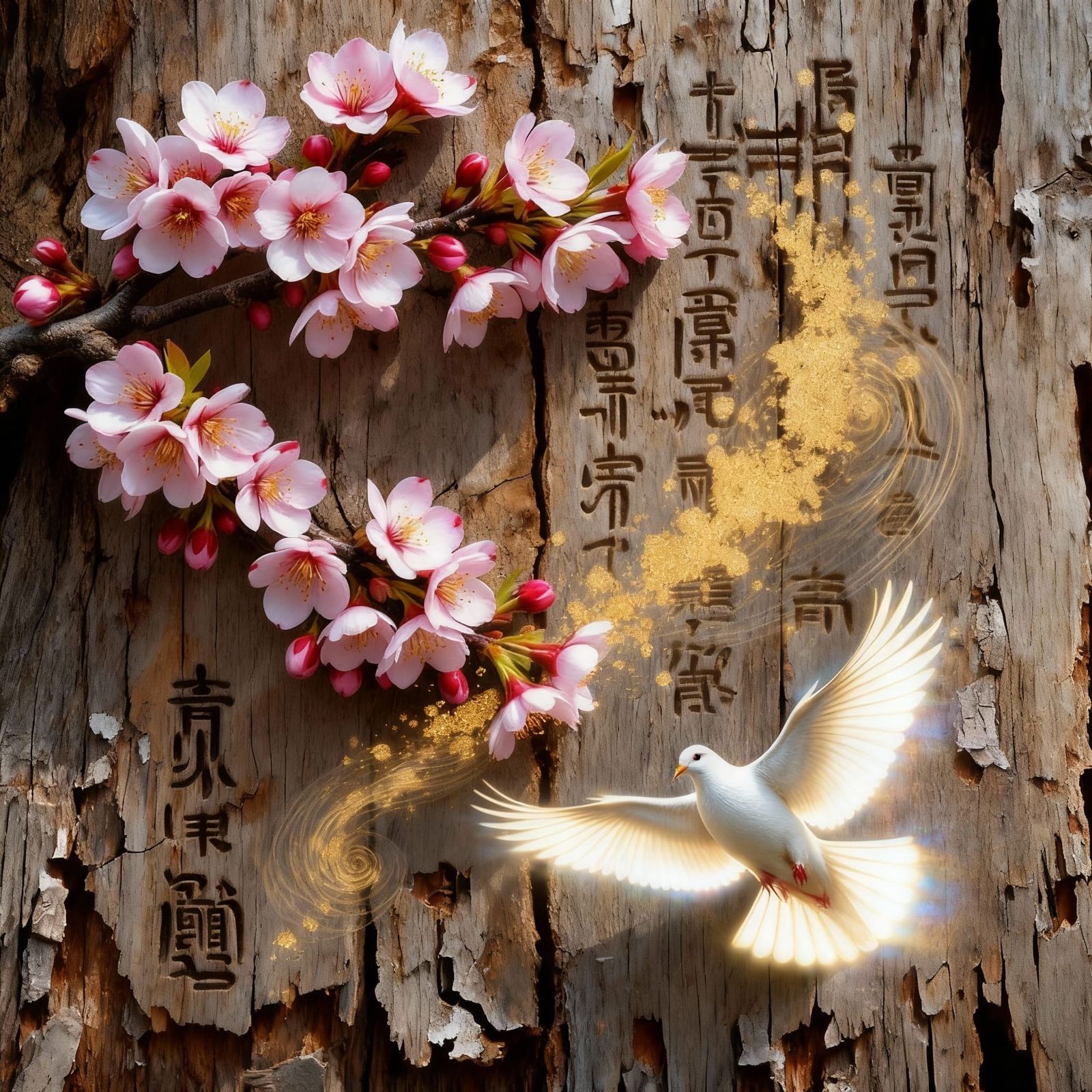 Ancient Tablet with Cherry Blossoms and Peace Dove