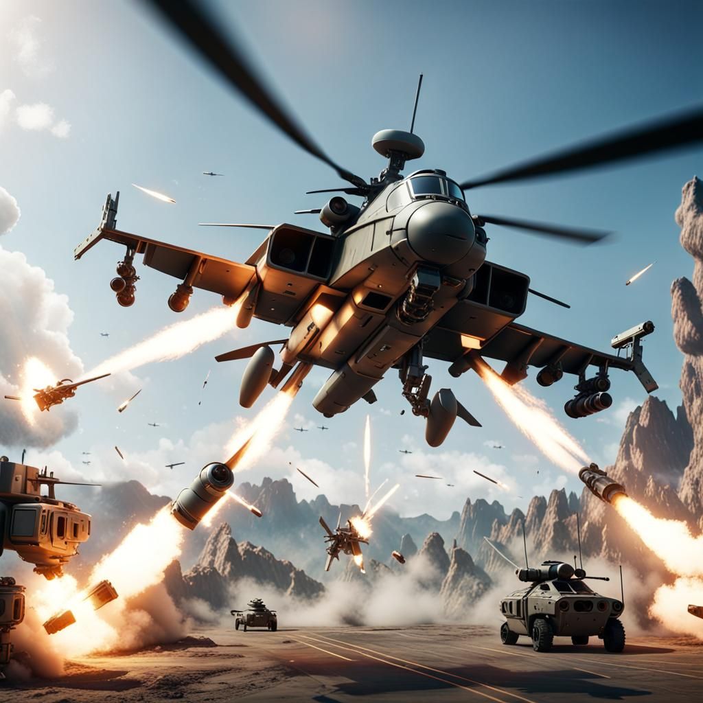 Helicopter Shooting Missiles in 3D Cinematic Style