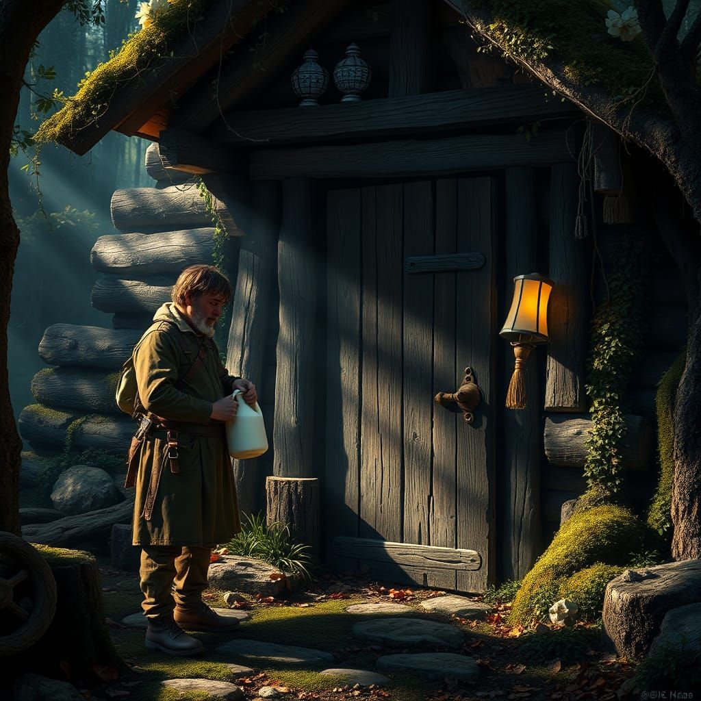 Milkman's Offering: Mystical Cabin in Fantasy Art Style