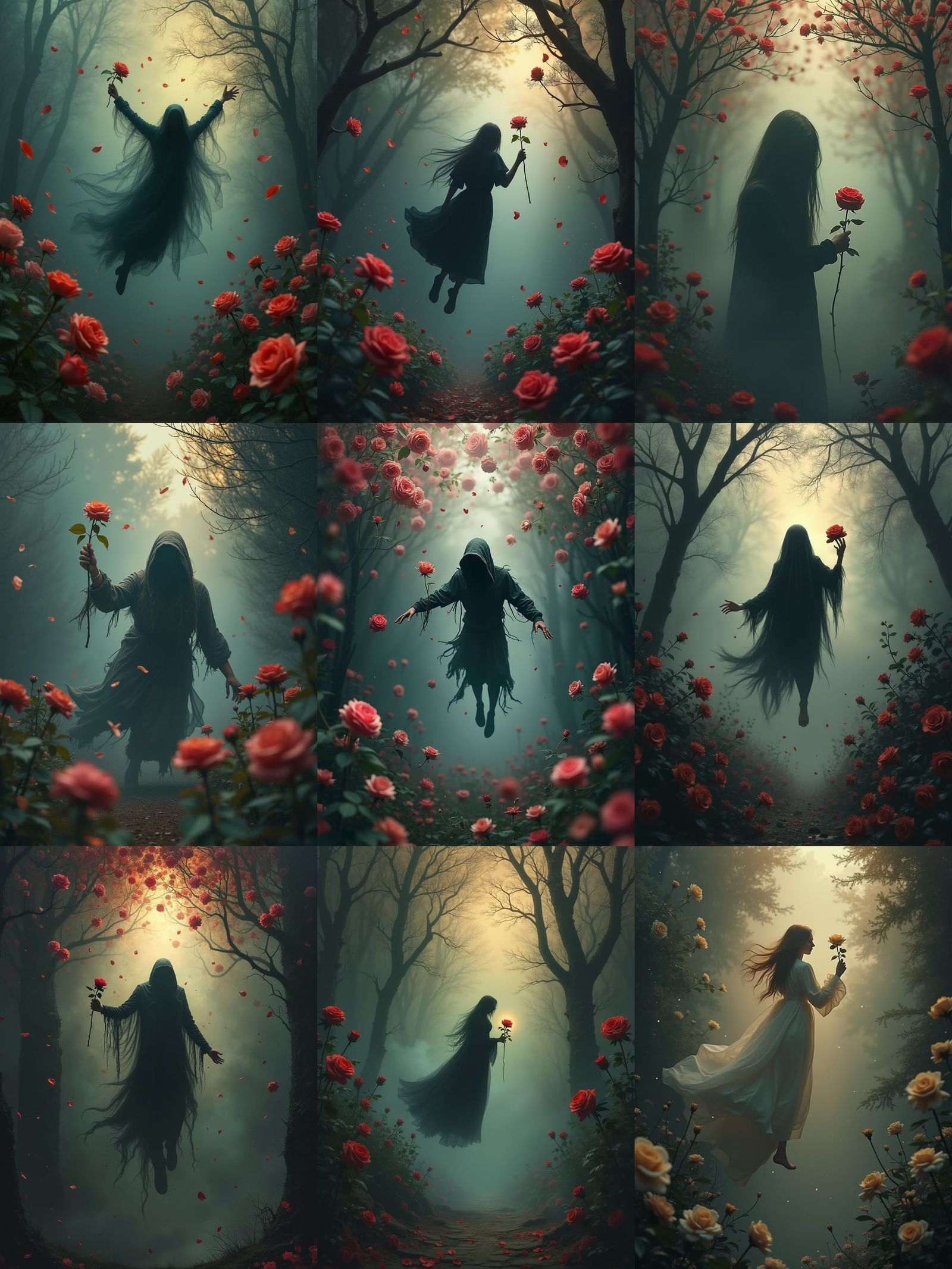 Surreal Figure Plummeting into Dreamlike Garden