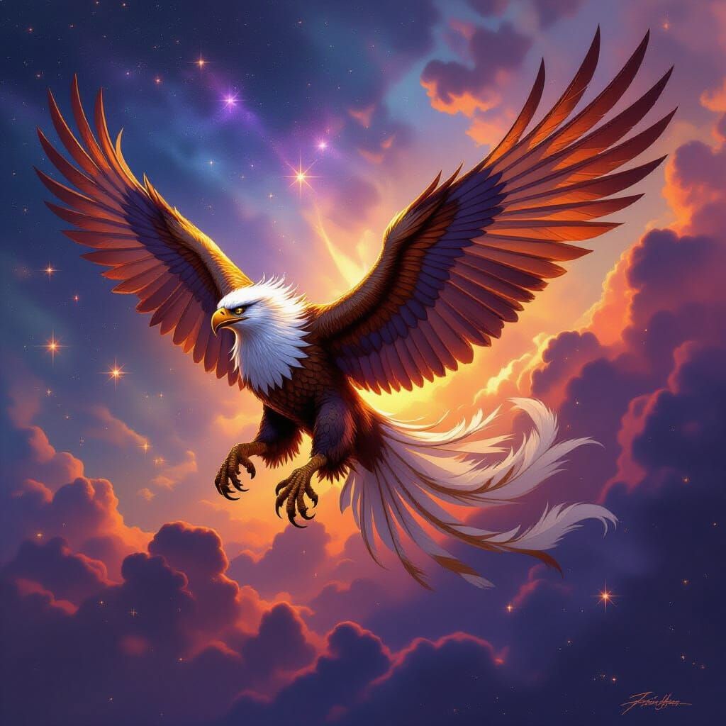 Colossal Griffin Soars Through Cosmic Nebula in Epic Fantasy...