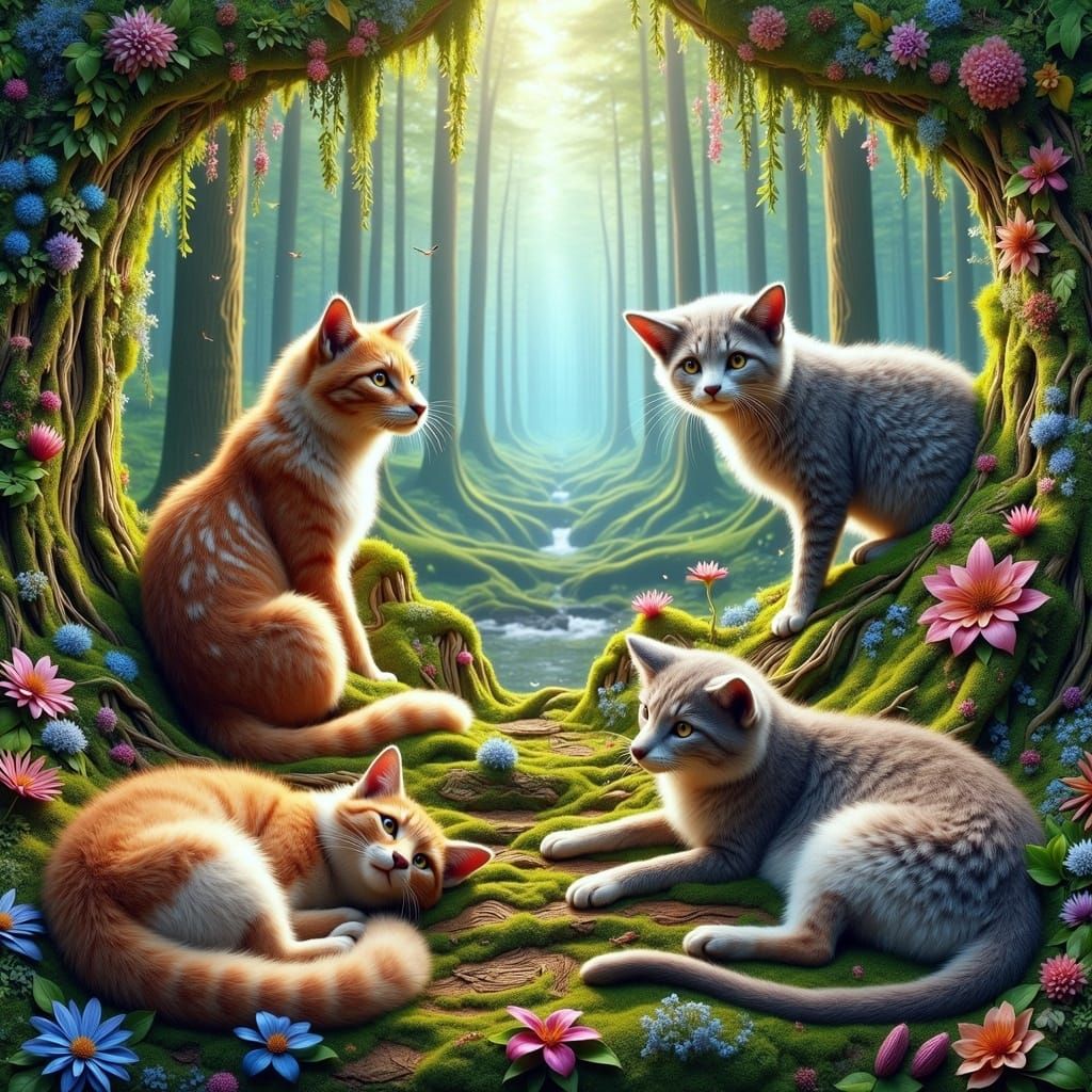 Enchanted Forest Inhabited by Cats in Pop Surrealism Style