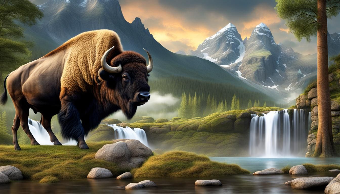 3D Buffalo in Mountain Waterfall Forest