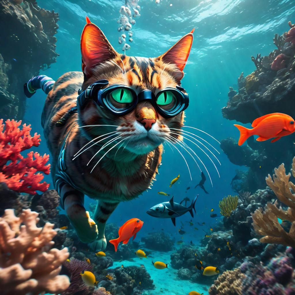 Cat Spearfishing in Coral Reef: Detailed Matte Painting
