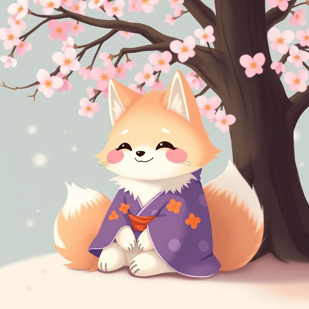 Kitsune in Kimono Under Sakura Tree: Ghibli-Inspired Art