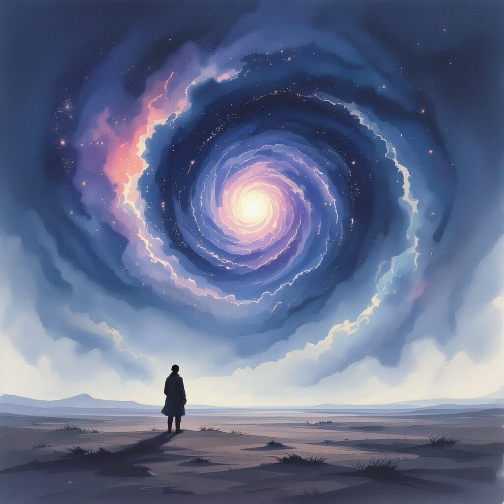 Meteorologist Observes Cosmic Vortex in Ink Wash Style