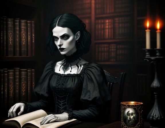 Gothic Woman in Dimly Lit Library