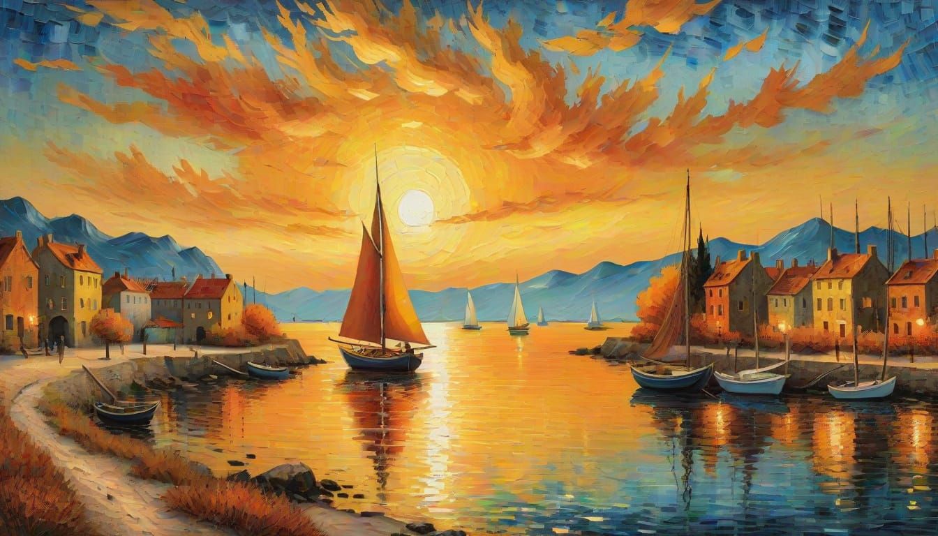 Bay at Sunset: A Van Gogh-Style Painting