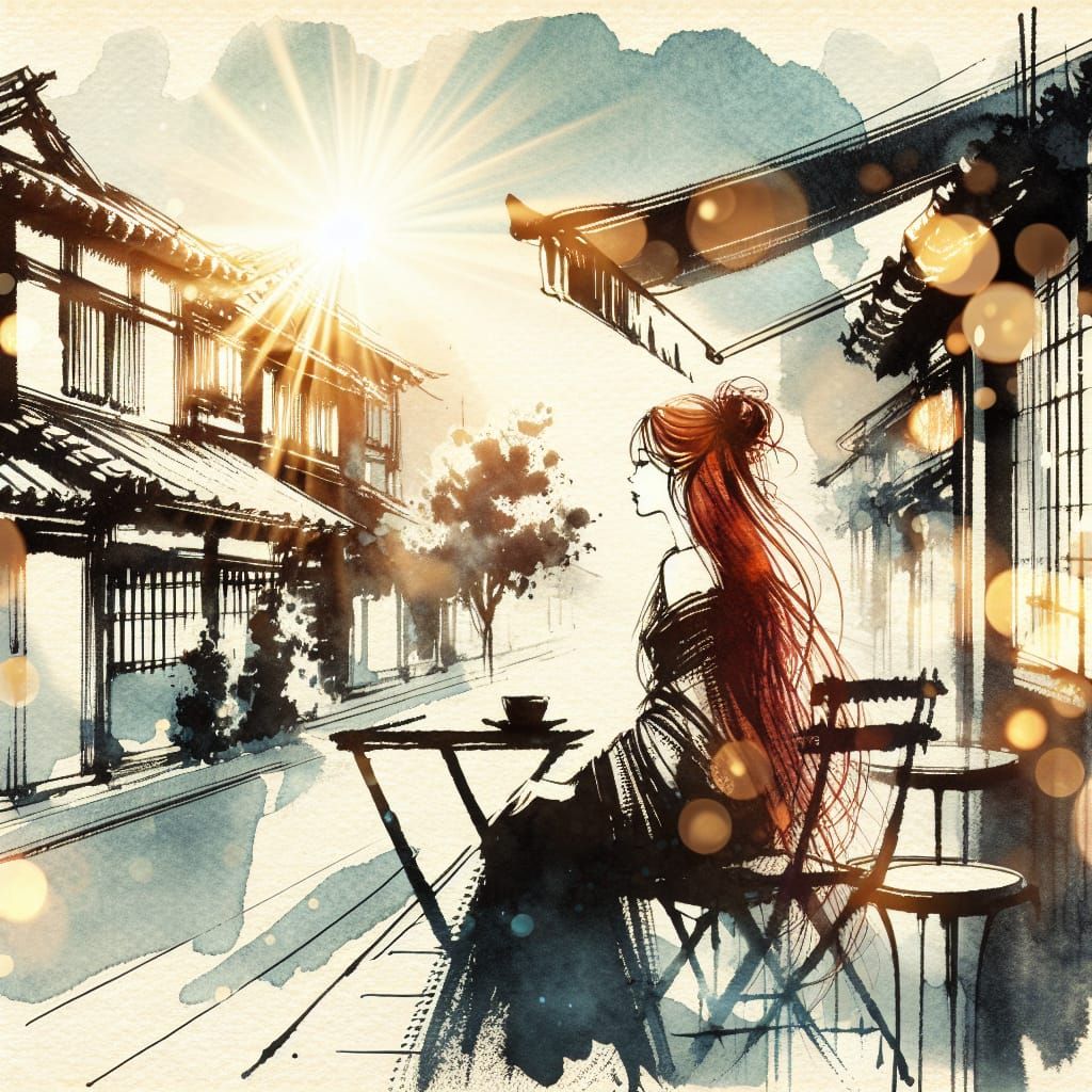 Elegant Woman in Sumi-e Cafe Scene with Bokeh