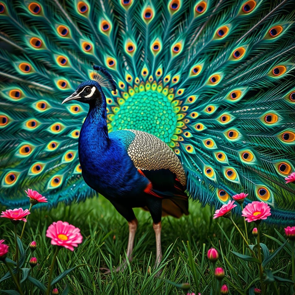 Prompt: "A vibrant scene featuring a magnificent peacock wit...