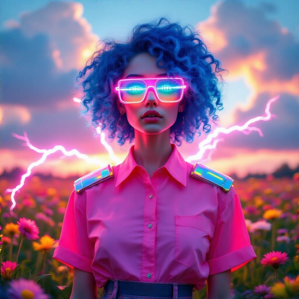 Futuristic Woman in Flower Field with Lightning