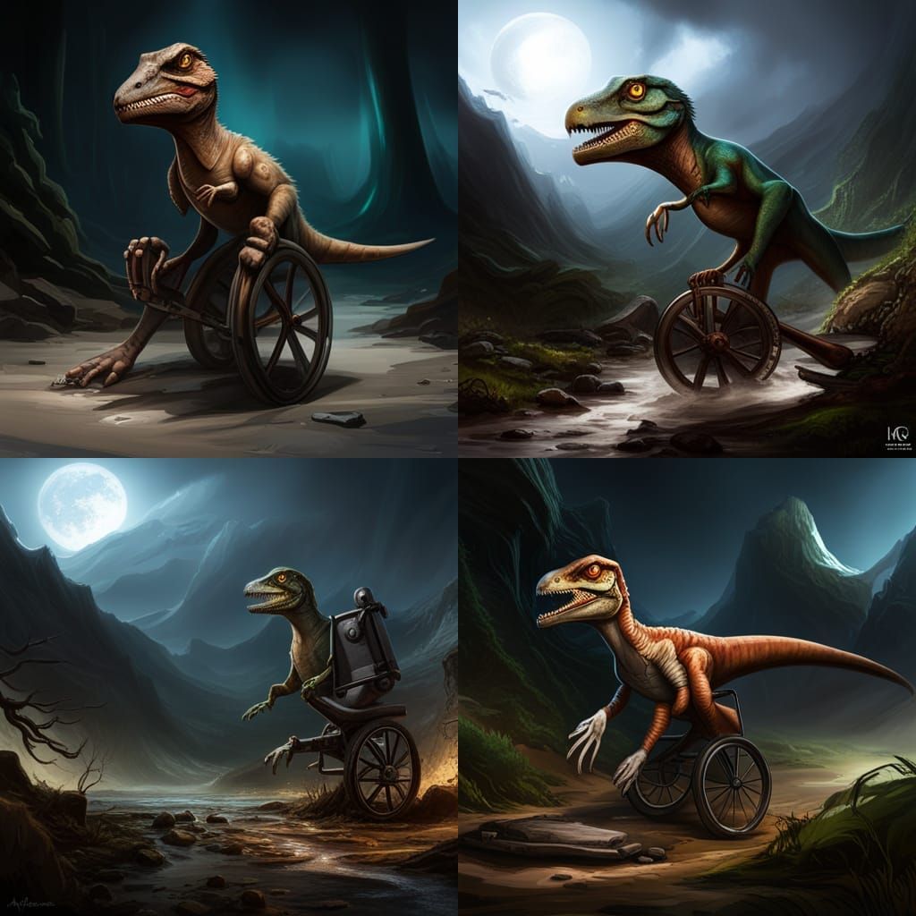 Velociraptor in Wheelchair: Dark Fantasy Concept Art