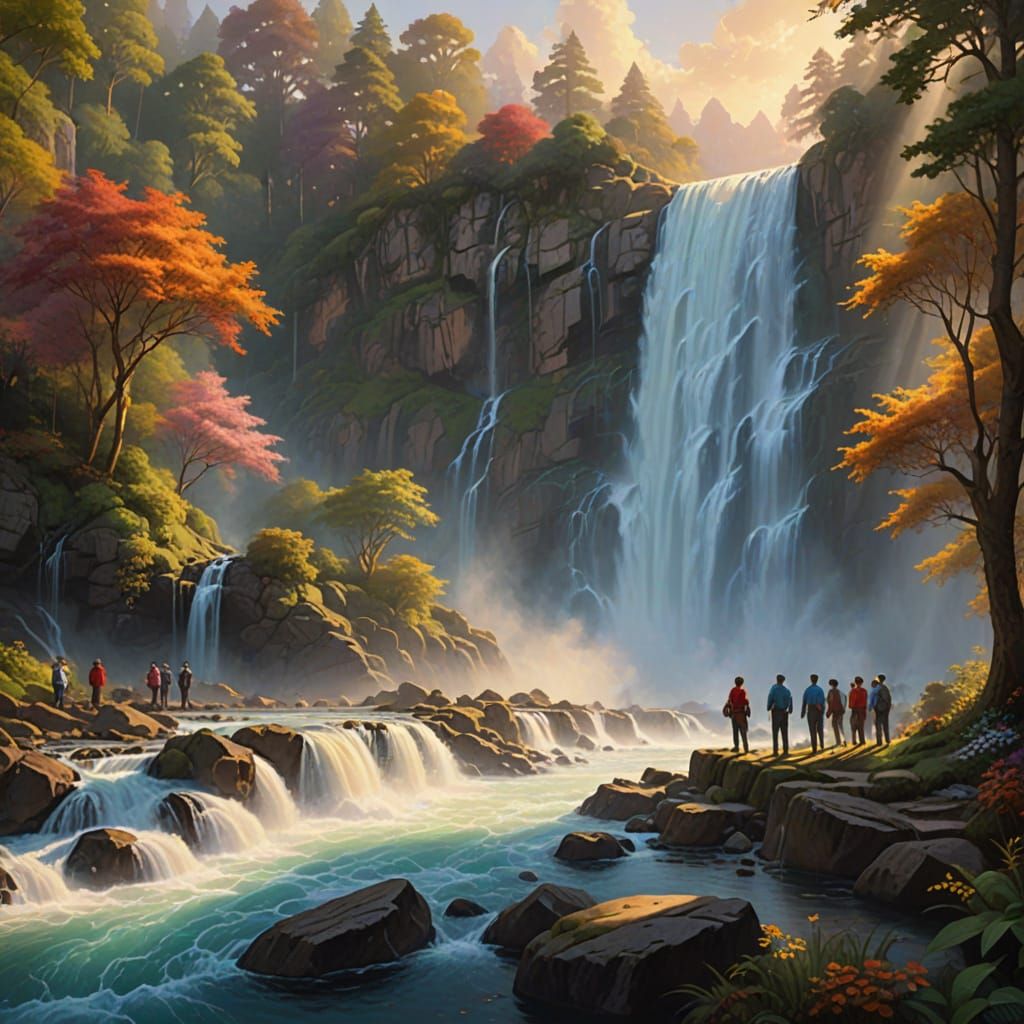 Ethereal Waterfall Scene with People in Bright Clothes