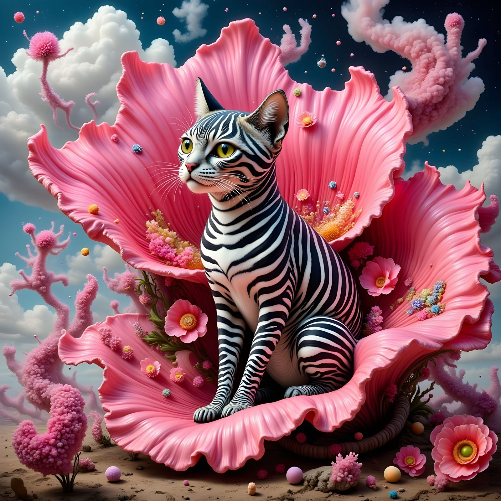 Surreal Zebra Cat on Giant Pink Flower
