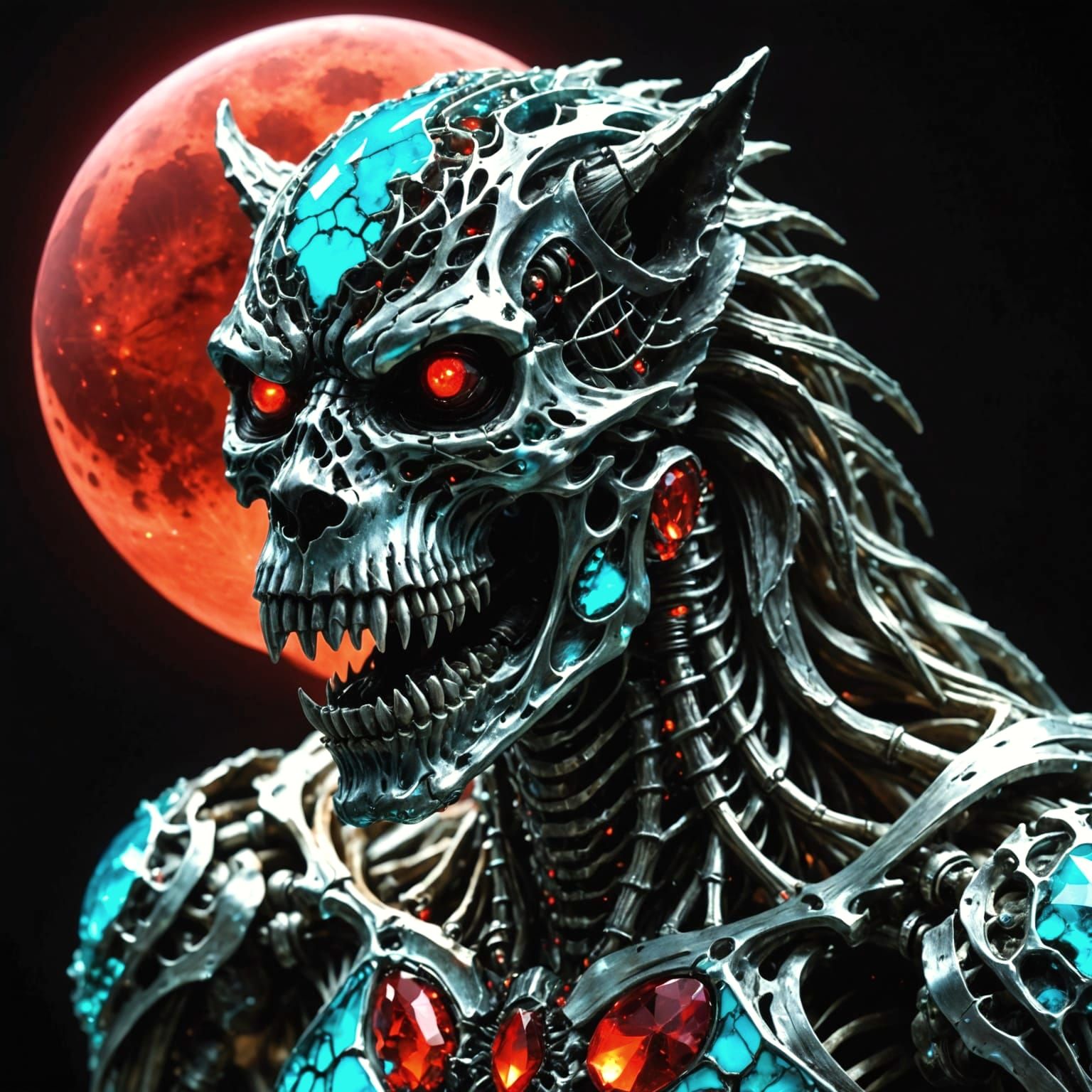 Werewolf Skeleton Illuminated by Full Blood Moon in Neon Cry...