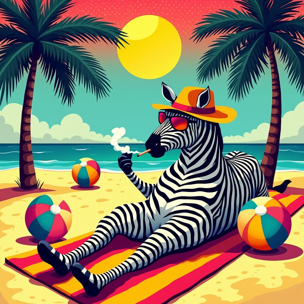 Zebra Lounging on Beach in Pop Art Style
