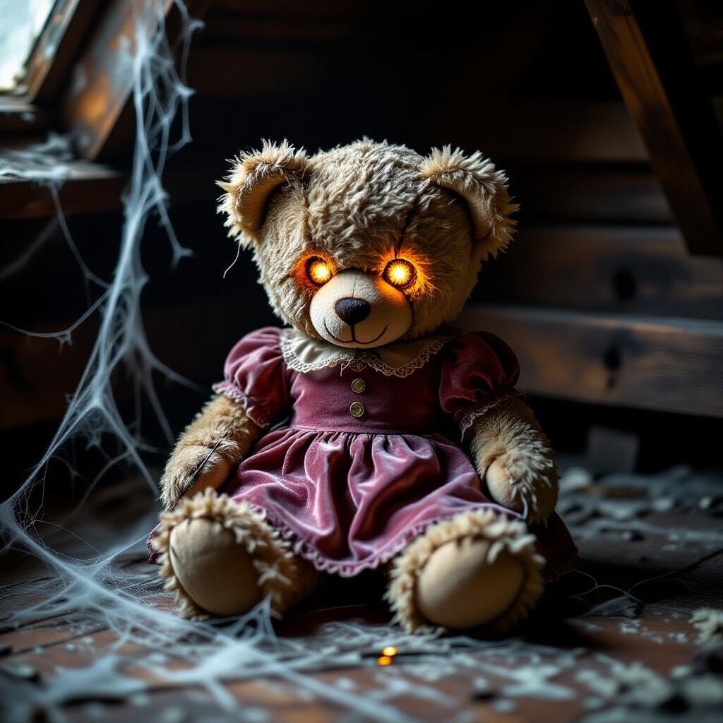 Tattered Teddy Bear with Fiery Eyes in Gothic Attic