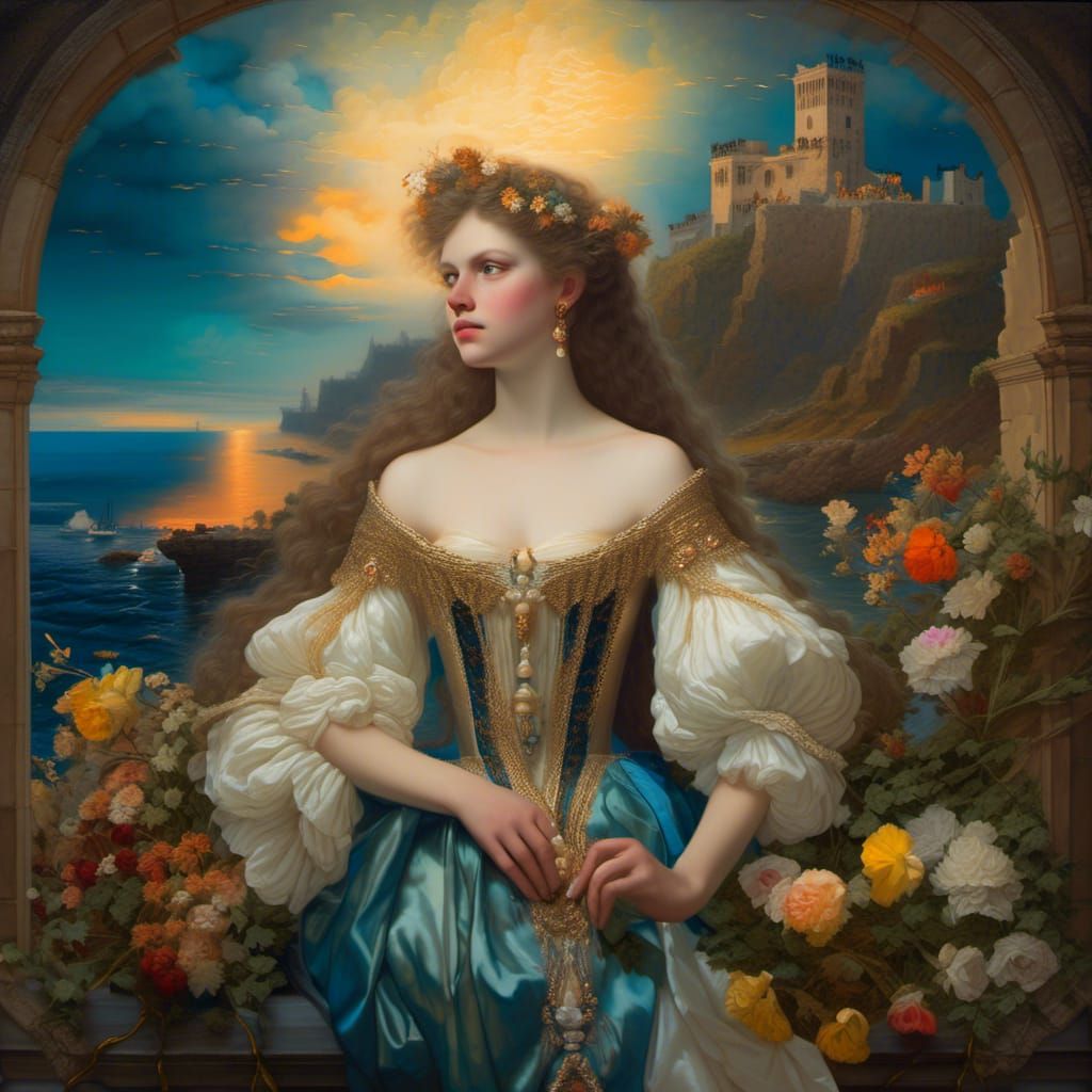 Sad Grecian Maiden Portrait with Flowers and Pearls