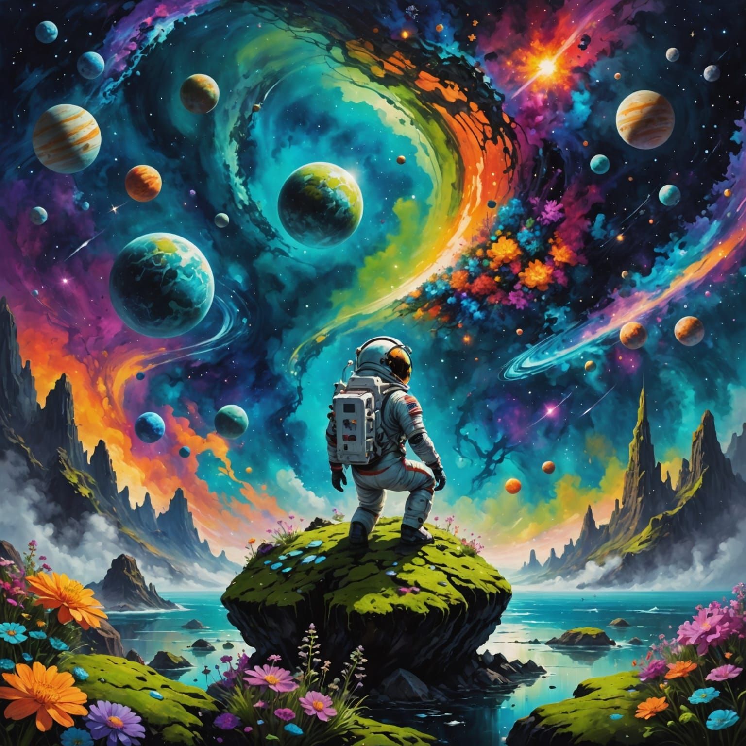 Astronaut Amidst Celestial Blooms in Vibrant, Painterly Styl...