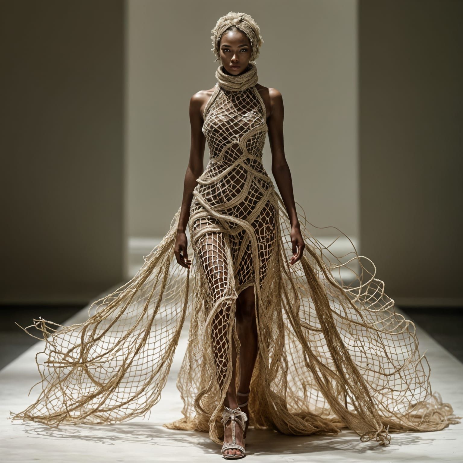Elegant Haute Couture Fashion Model in Jute Rope Dress