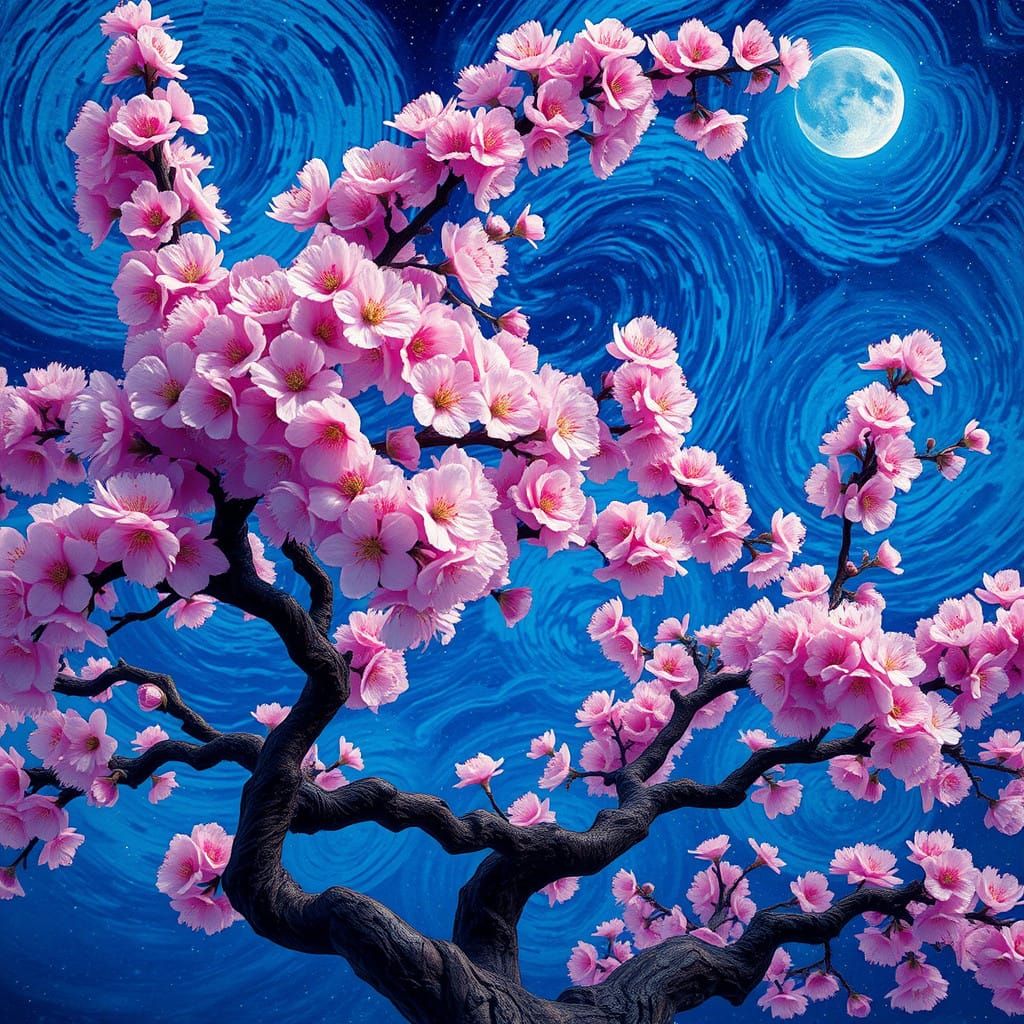 Dreamy Cherry Blossom Tree Under Starry Night Sky