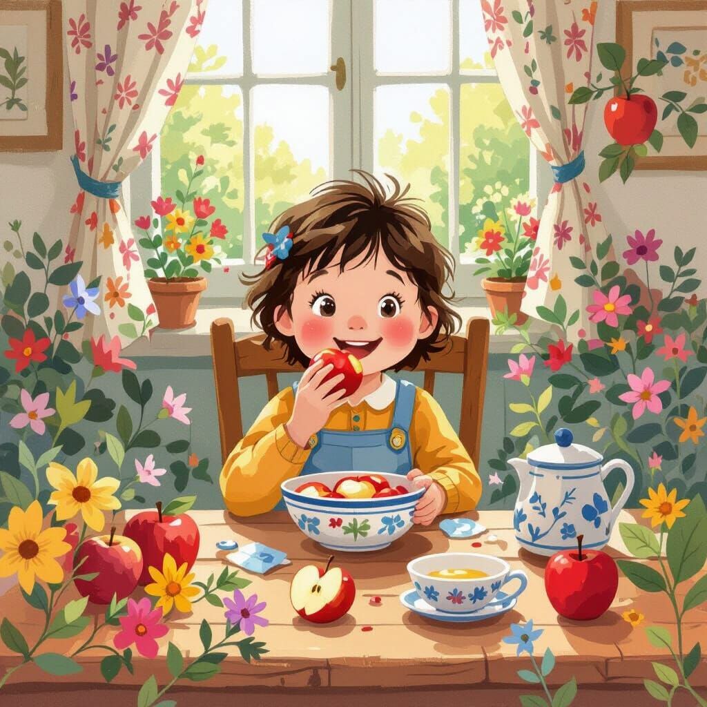 Child Eating Apple in Beatrix Potter Style