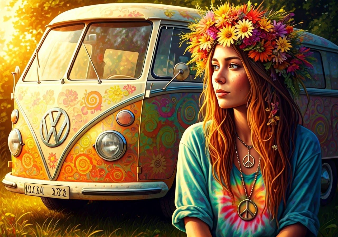 Psychedelic Hippie Goddess in Vibrant Wildflower Wreath