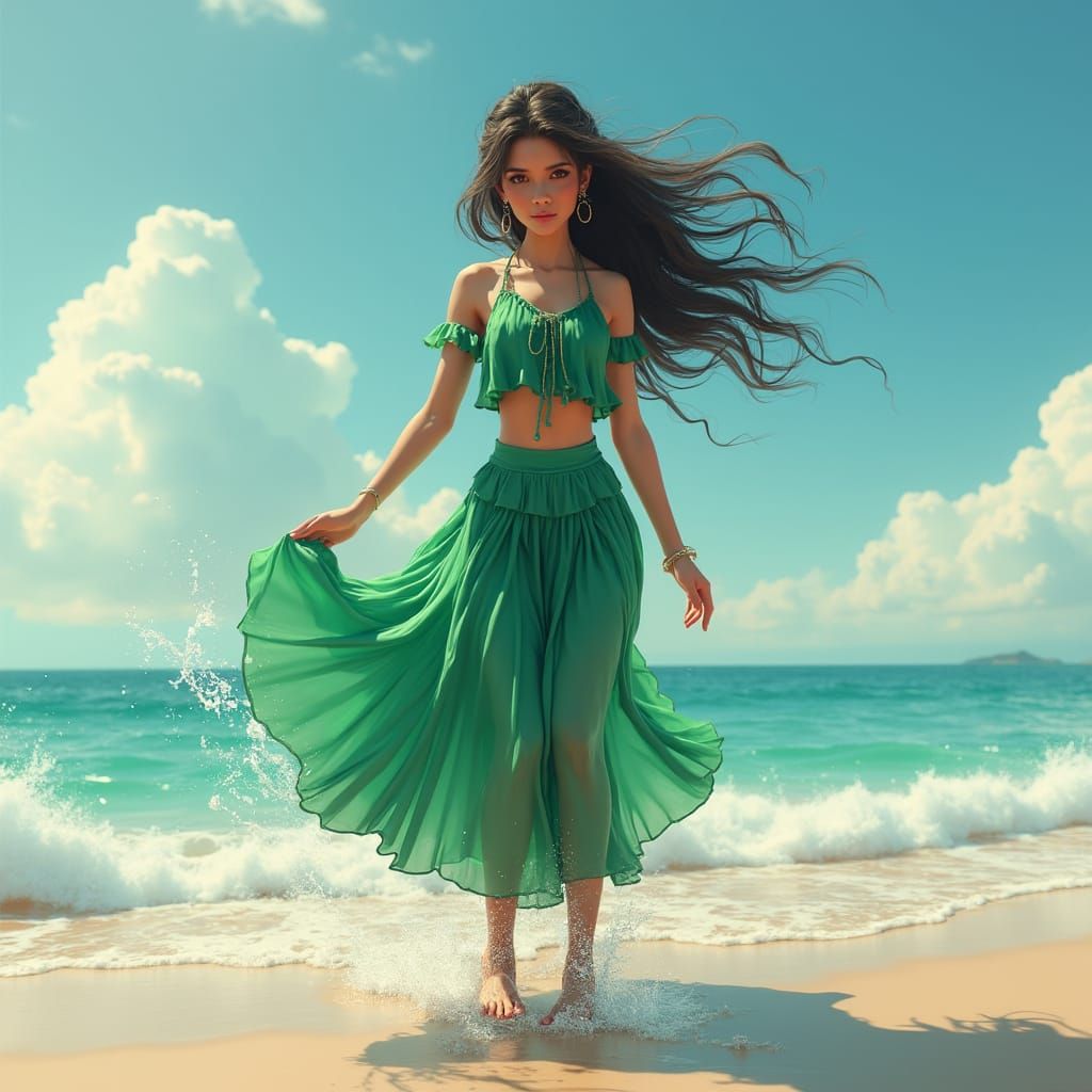Indian Woman on Beach, Detailed Digital Painting