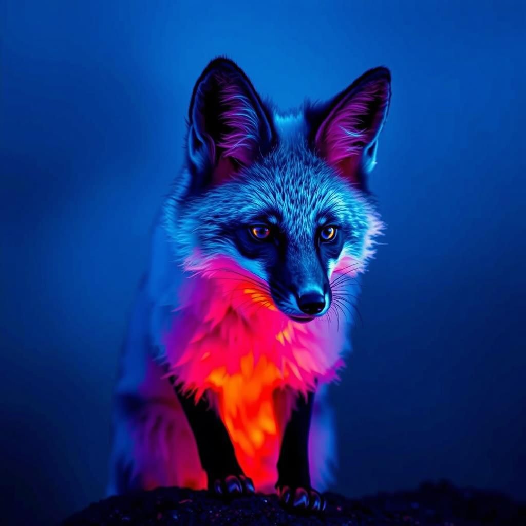 Neon Fox in Misty Landscape: Editorial Photography