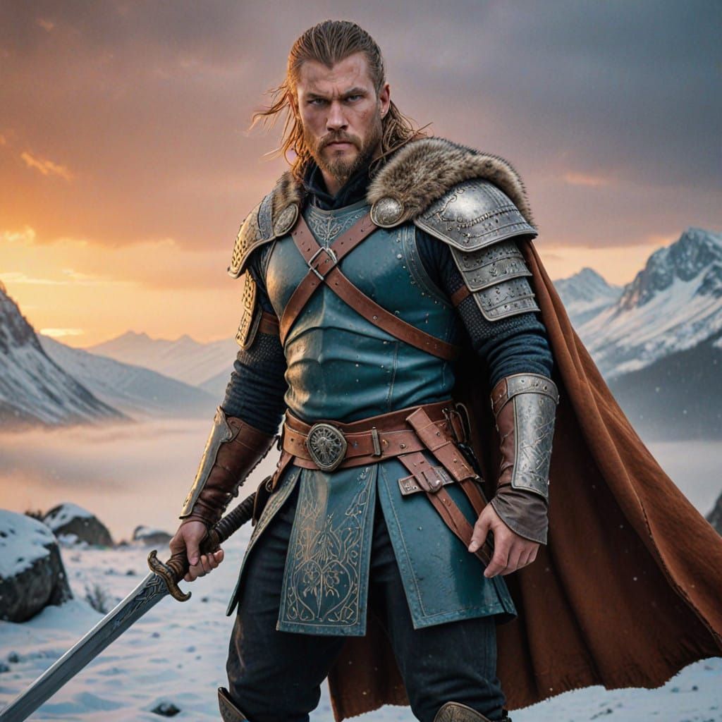 Realistic oil painting.  Portrait of a Viking warrior in com...