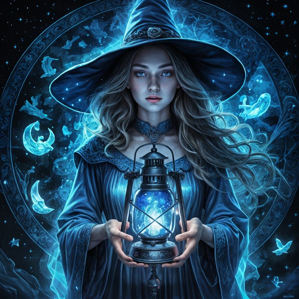 Beautiful Witch with Blue Lantern in Holographic Style