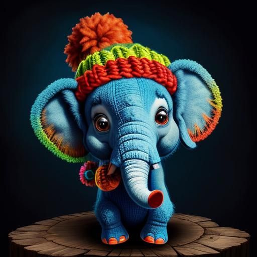 Wooly Baby Elephant with Colorful Hat in Fantasy Art