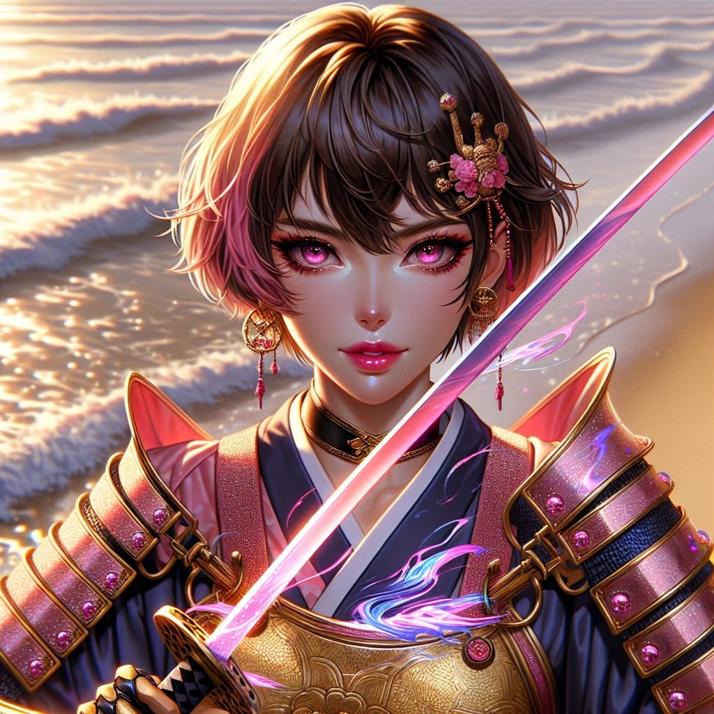 Glamorous Samurai Warrior with Energy Katana, Ukiyo-e Style