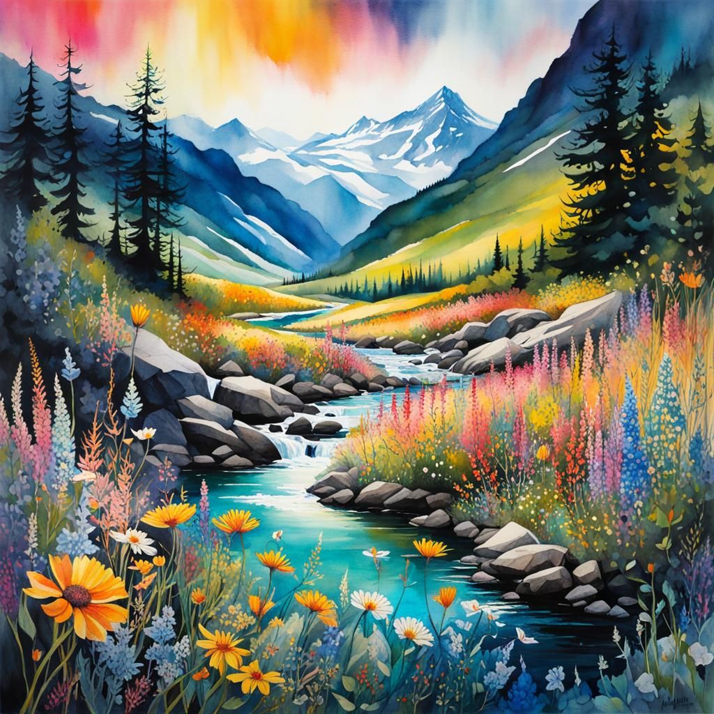 Wildflower River in Cinematic Gouache Style