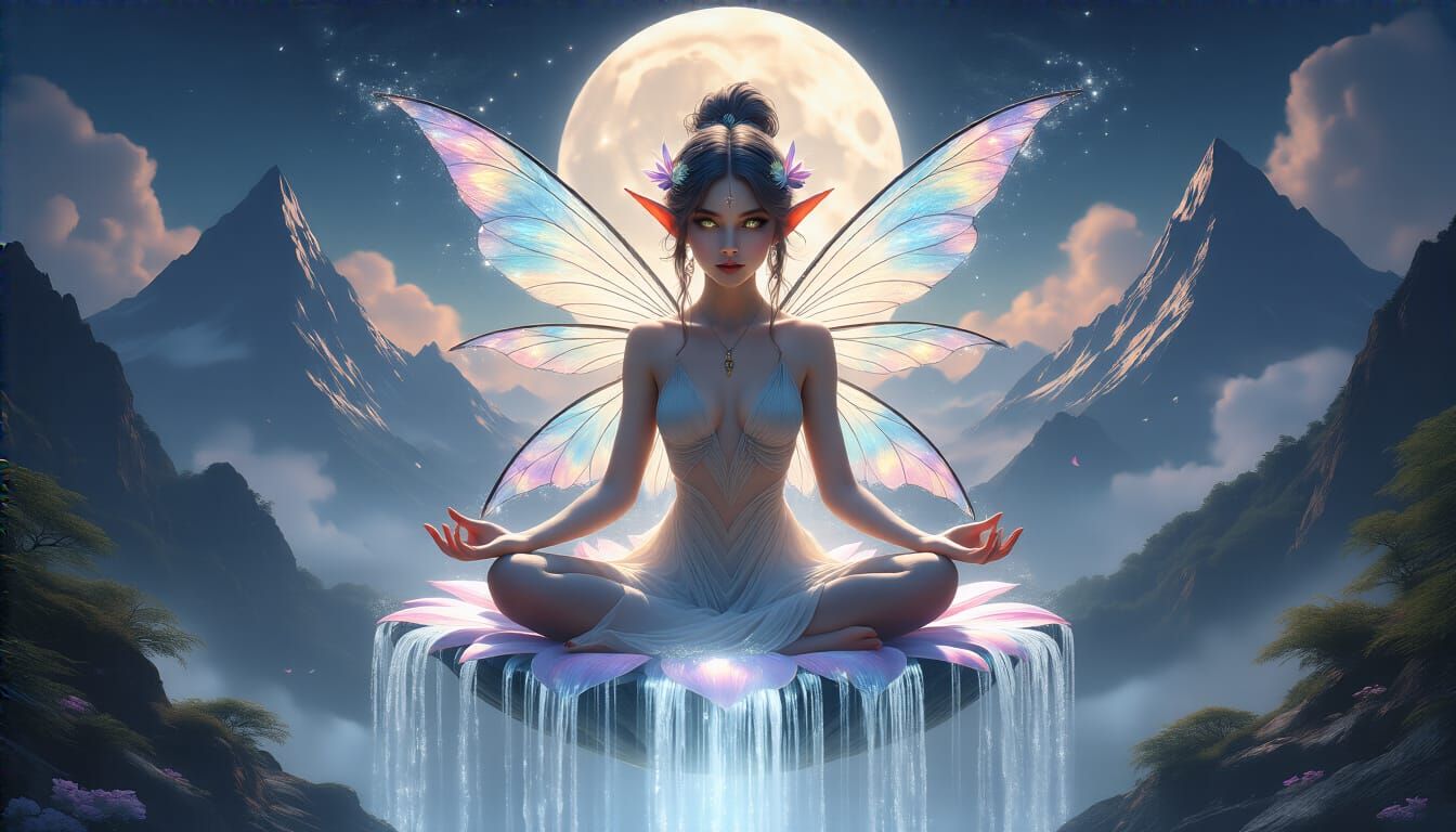 Ethereal Fairy Meditating Amidst Luminous Waterfalls