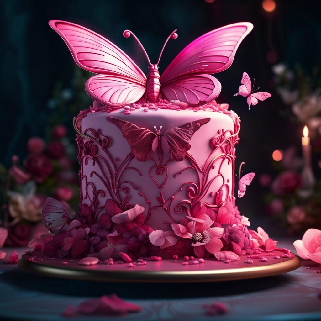 Pink Butterfly Wedding Cake in Detailed Matte Painting